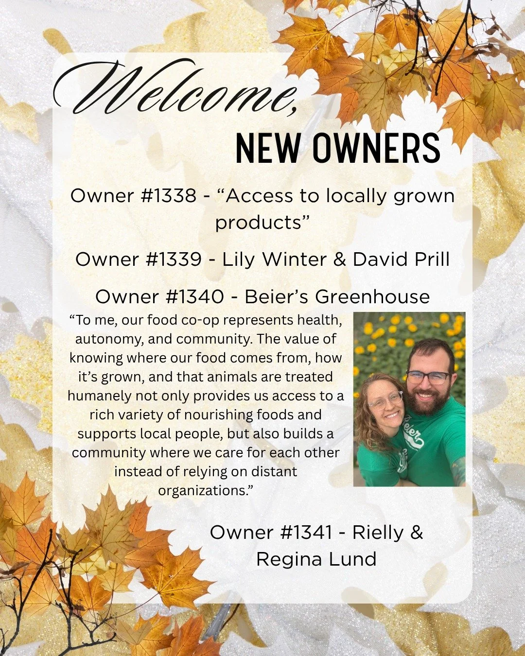Welcome, to our 11 New Owners over the last month, including one business owner- @beiersgreenhousemn ! We're so happy to have you join us ❤🐓

Want to become a Free Range Food Co-op Owner, too? Visit www.FreeRangeFood.coop/ownership to purchase your 