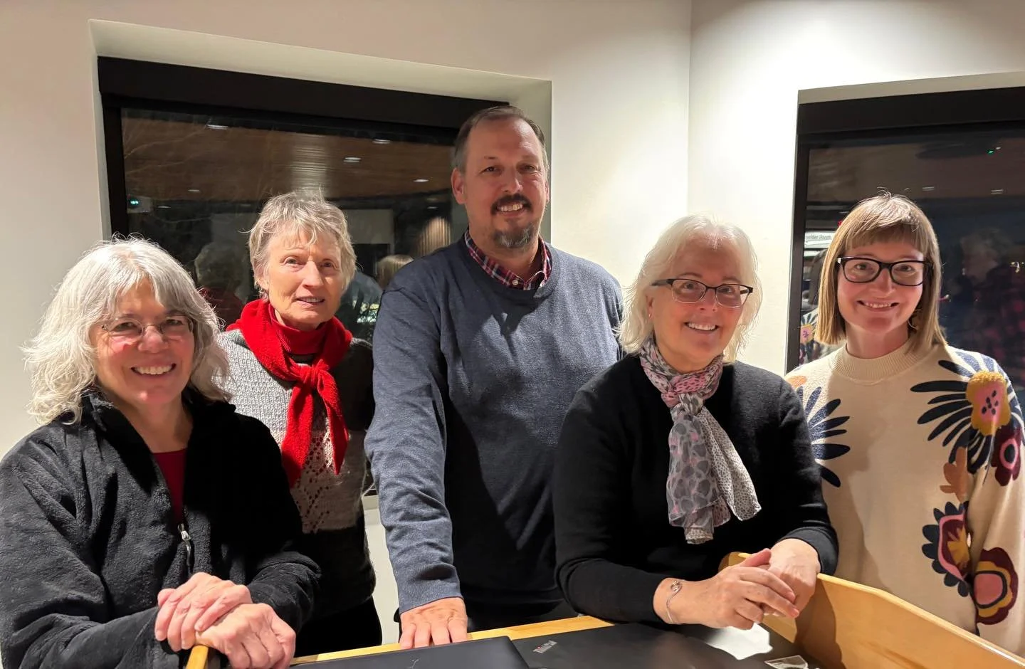 The Community Investment Campaign team had a change of venue and agenda for their weekly Monday meeting this week. Pictured is Ellen, Merry, Becky, and Tiffany with Blandin Foundation&rsquo;s Director of Rural Grantmaking Kyle Erickson&nbsp;at the Fo