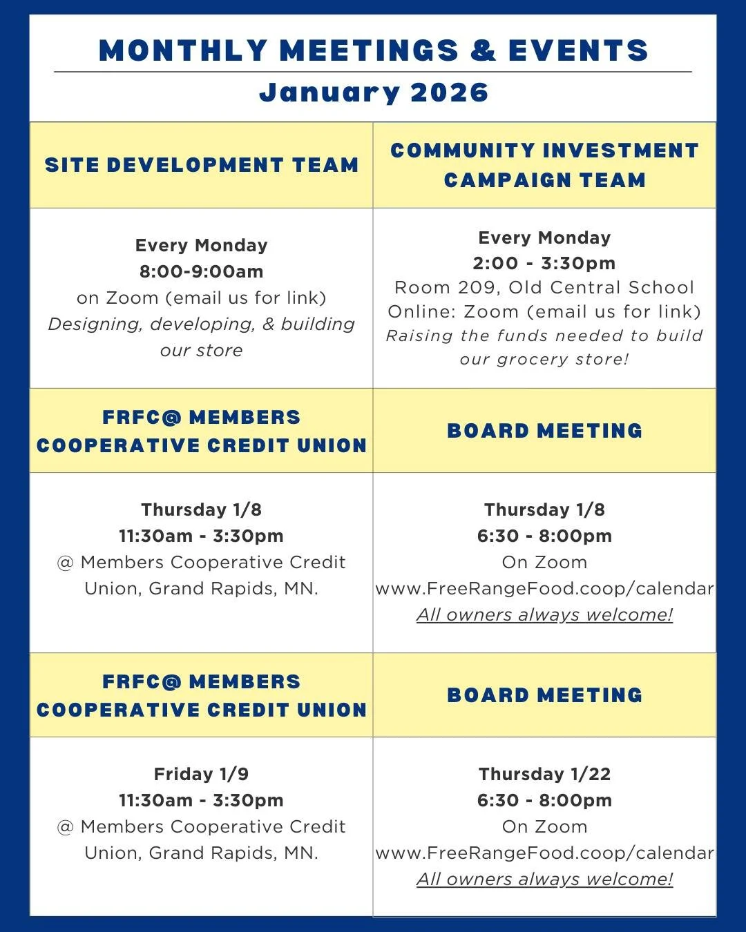January's Meeting and Event Schedule

Board Meetings will now be on the second and fourth Thursdays of the month at 6:30 online through Zoom. Find the link on our calendar - www.FreeRangeFood.coop/calendar

Our Site Development Teams and Community In
