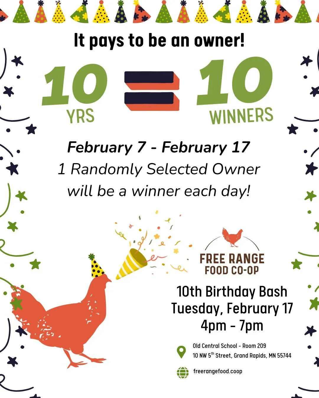 In honor of turning 10 years old, we are randomly selecting 10 FRFC Owners (from all time) to win a prize! 🎁

1 winner will be selected each day STARTING Saturday, February 7th! &hearts;🐓🎉

It's never too late to become an owner! Join online at ww
