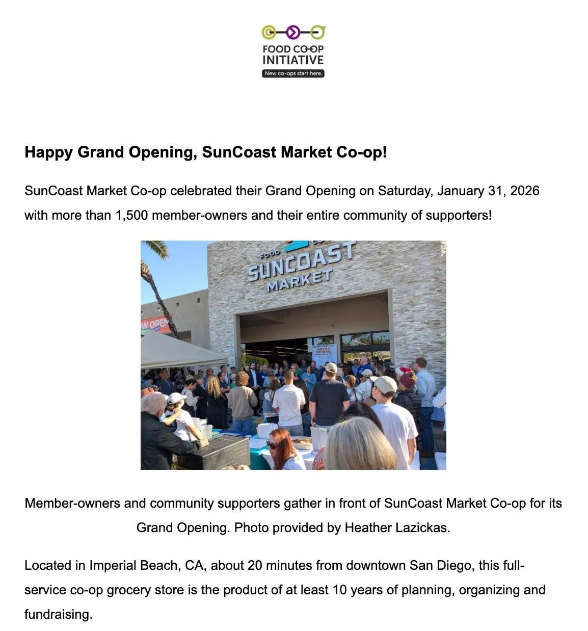 🎉 CONGRATULATIONS to @suncoastmarket  in Imperial Beach, CA! 
After 10 years of organizing, this food co-op opened their doors to their 1500 member-owners and the public on January 31st! 

Check out their page for more photos, videos, and tours of t