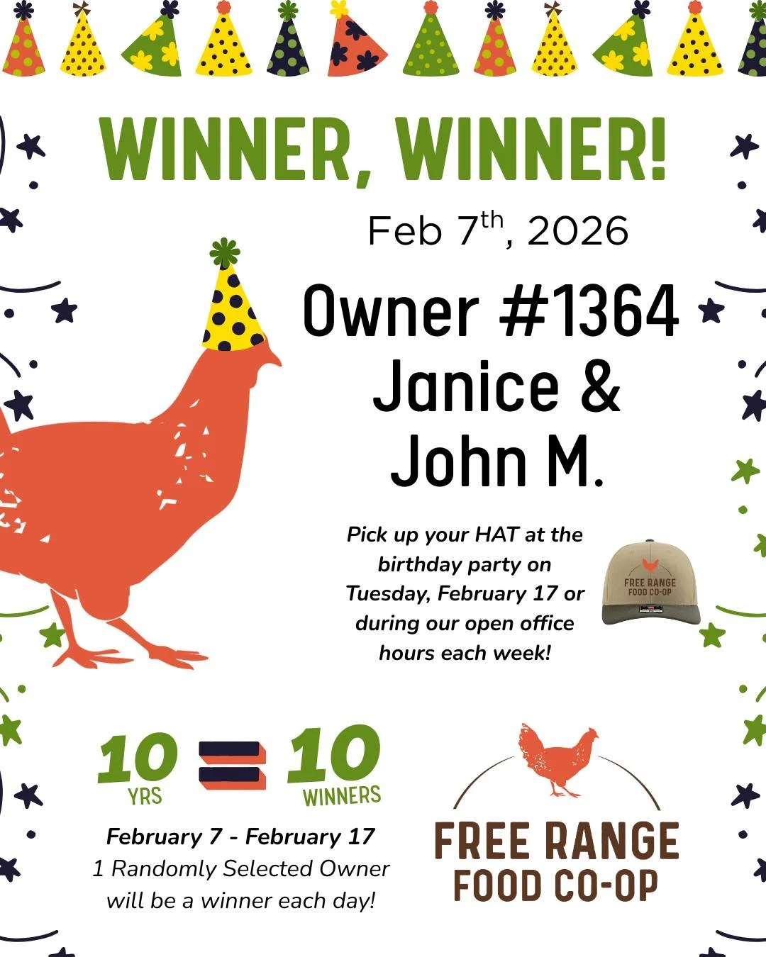 CONGRATULATIONS Owner #1364 - Janice and John M! 🎉🐓🎁&hearts; You're today's (February 7th, 2026) lucky winner of a *NEW* merchandise prize, a FRFC embroidered hat!

Our 10 Year BDAY Bash is Tuesday, February 17th which means there's 9 more opportu