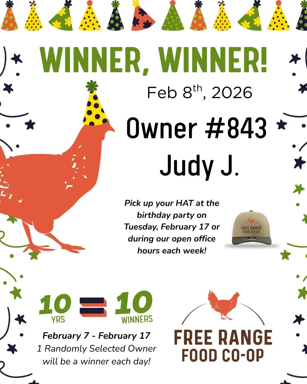 CONGRATULATIONS Owner #843 - Judy J! 🎉🐓🎁&hearts; You're today's (February 8th, 2026) lucky winner of a *NEW* merchandise prize, a FRFC embroidered hat!

Our 10 Year BDAY Bash is Tuesday, February 17th which means there's 9 more opportunities for s