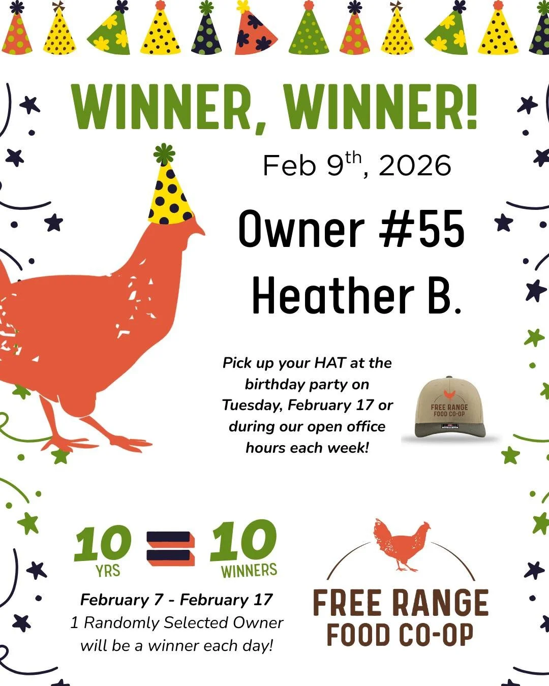 Today's winner (2-9-26) is Owner #55 - Heather B. - CONGRATULATIONS!! 🎉🐓🎁&hearts; A *NEW* merchandise prize, a FRFC embroidered hat is all yours! We've reached out via email with the details. 

Our 10 Year BDAY Bash is Tuesday, February 17th which