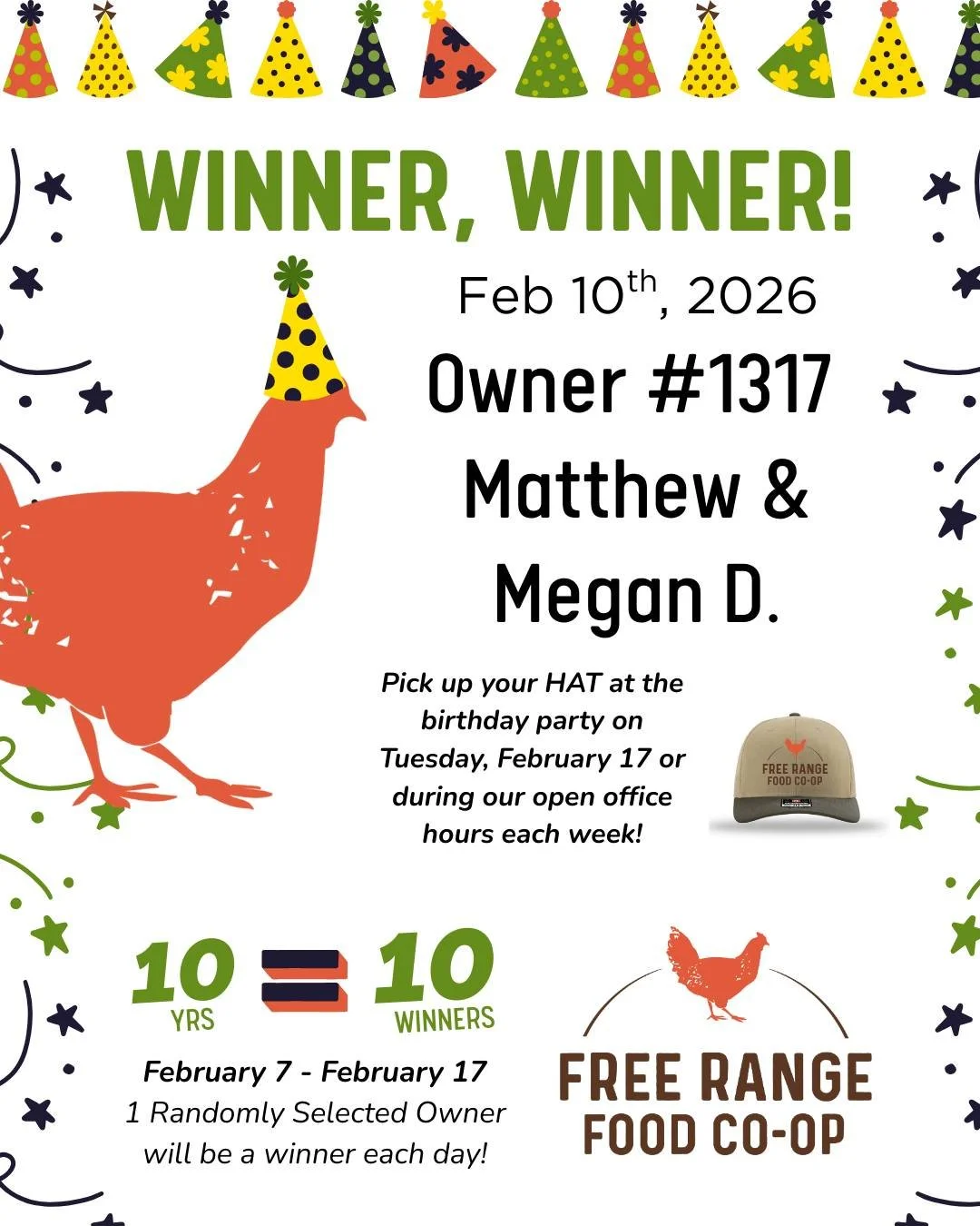 CONGRATULATIONS Owner #1317 - Matthew &amp; Megan D! 🎉🐓🎁&hearts; You're today's (February 10th, 2026) lucky winner of a *NEW* merchandise prize, a FRFC embroidered hat!

Our 10 Year BDAY Bash is Tuesday, February 17th which means there's 9 more op