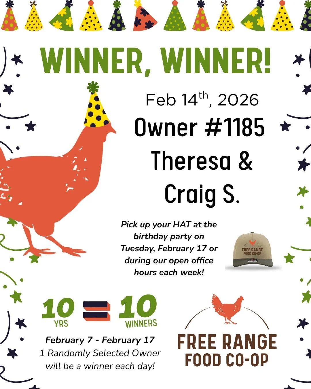 CONGRATULATIONS Owner #1185 - Theresa &amp; Craig ! 🎉🐓🎁&hearts; You're today's (February 14th, 2026) lucky winner of a *NEW* merchandise prize, a FRFC embroidered hat!

Our 10 Year BDAY Bash is Tuesday, February 17th which means there's just a few