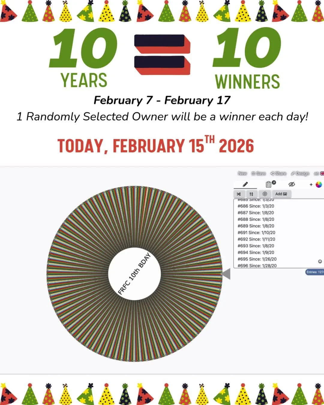 CONGRATULATIONS Owner #1329 - Susan L! 🎉🐓🎁&hearts; You're today's (February 15th, 2026) lucky winner of a *NEW* merchandise prize, a FRFC embroidered hat!

Our 10 Year BDAY Bash is Tuesday, February 17th which means there's just a 2 more opportuni