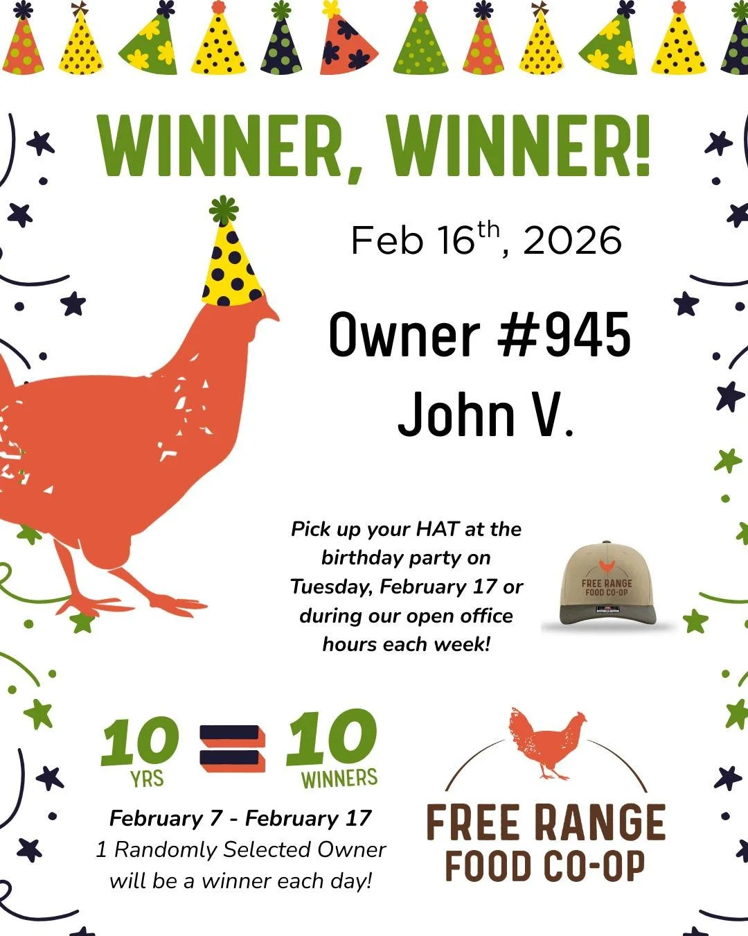 CONGRATULATIONS to the final two winners of our all-owner giveaway!! 
Owner #945 John V. won yesterday, Feb 16th and Owner #644 won today, Feb 17th!! 🎉

We'll be in touch via email with the details! &hearts;🐓

Thank you to our owners, we are so tha