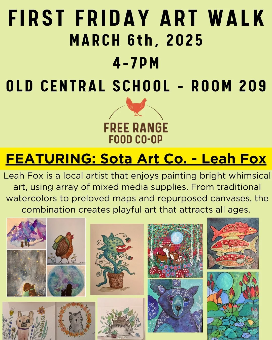We are so excited to be hosting @sota.artco - Leah Fox for our First Friday Art Walk THIS FRIDAY March 6th! After a brief hiatus for the winter, we are happy to be coming out of hibernation and open up our office space (in room 209 of Old Central Sch