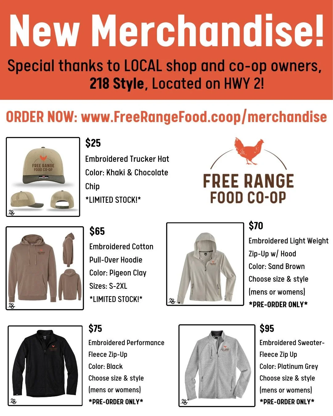 NOW AVAILABLE - NEW MERCH 🎉🛍 Visit www.FreeRangeFood.coop/merchandise to order today! Photos of products are examples that are currently in our office so you can stop by anytime the office is open to feel which options is right for you - and order 