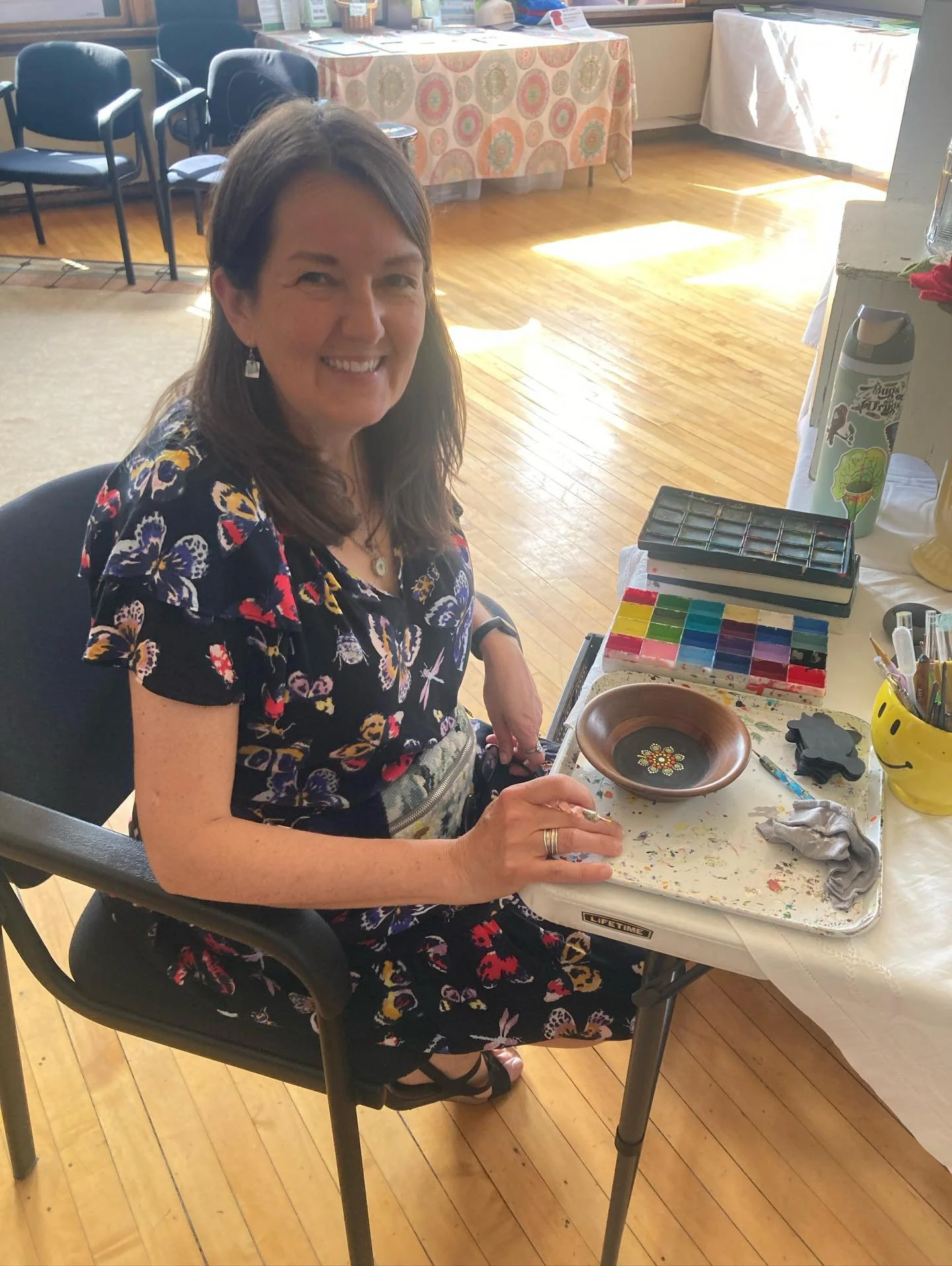Our office is OPEN until 7pm for First Friday! We are featuring Diana with Donna's Daughter! She has some gorgeous items including dot mandalas, crafted cards, repurposed art journals and notebooks, as well as recycled metal owls! She even made us a 