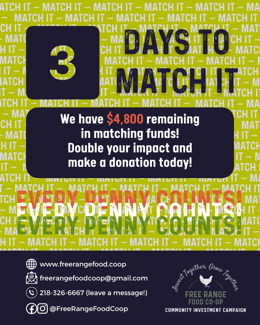Just 3 days left to MATCH IT and we're only $4,800 away!

Make your contribution by 11:59pm on Wednesday, June 10th to DOUBLE YOUR IMPACT and help us acheive this 25K Match Challenge! 

Visit www.FreeRangeFood.coop/invest to find out all the ways you