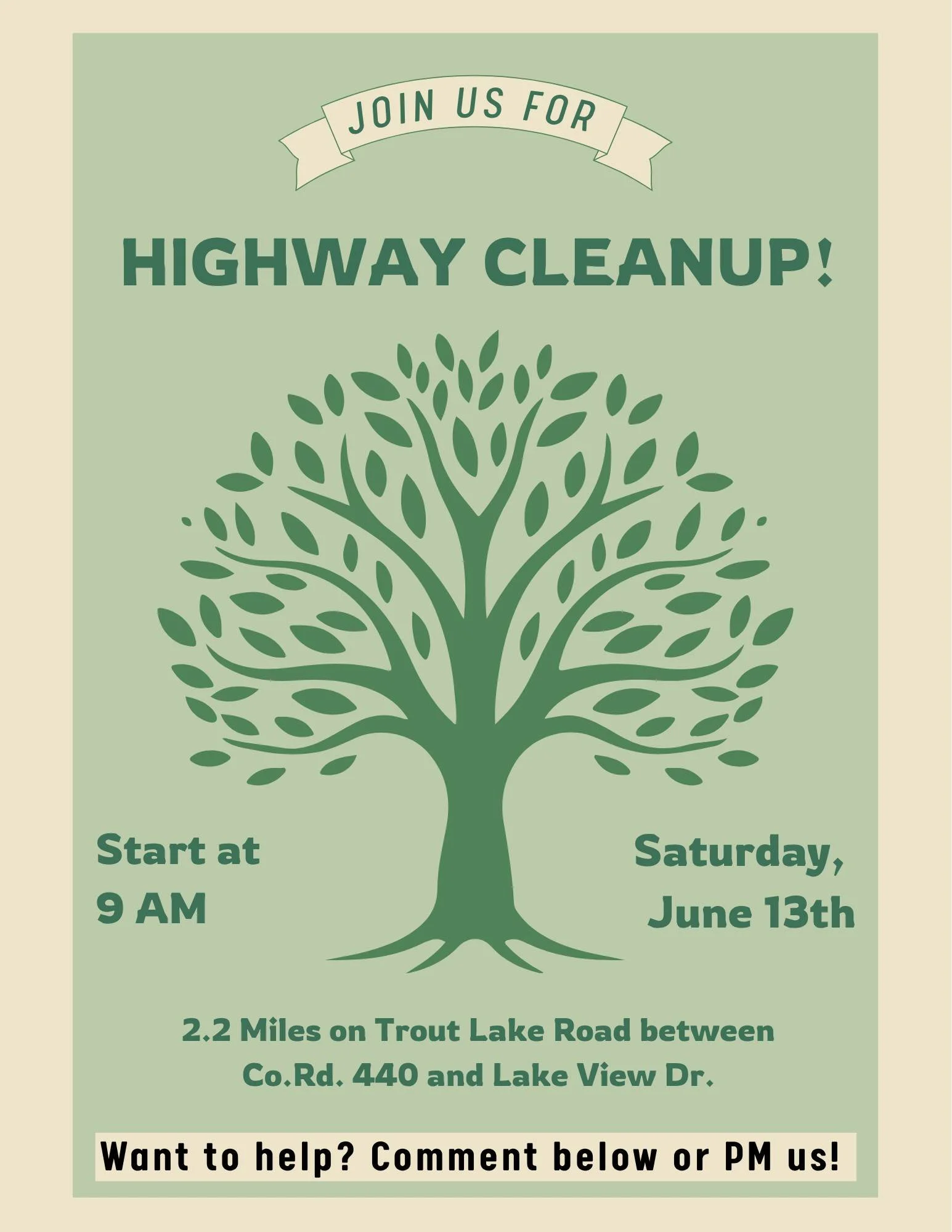 Join us THIS SATURDAY, June 13th beginning at 9am for our annual Highway Cleanup! 

We have an adopt-a-highway for 2.2 Miles on Trout Lake Road between Co.Rd. 440 and Lake View Dr. It usually takes about an hour, depending on how many folks we have h