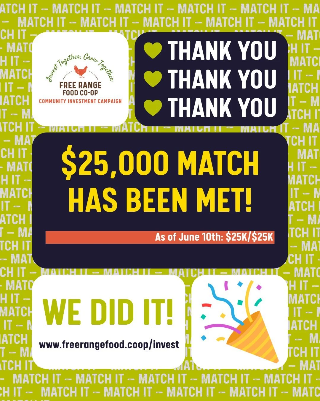 The $25K Match is COMPLETE!! 🎉 You did it - again! 💚

When we launched our first match challenge, you showed up with $10,000. We raised the stakes to $25,000, and in 14 days you showed up again.

One generous owner believed in the co-op enough to i