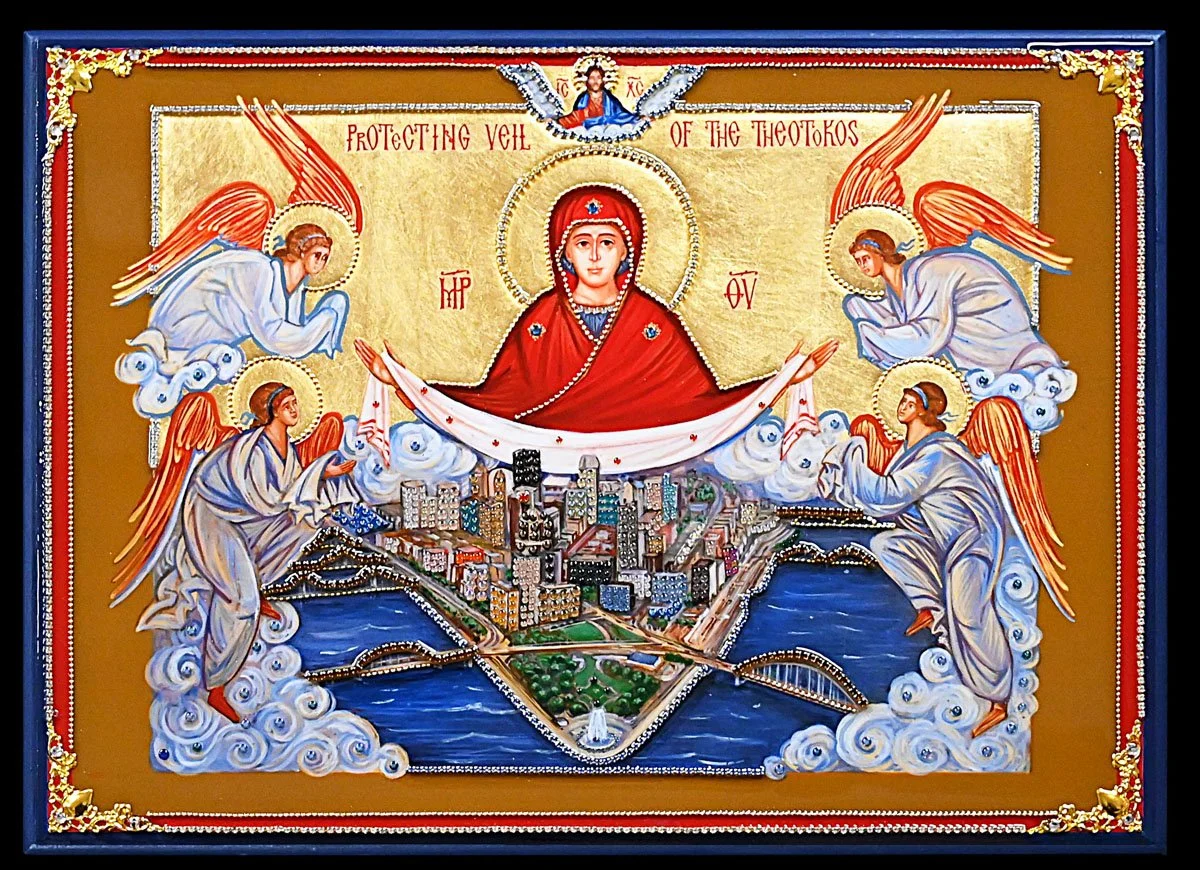 #WD14 Panagia Protecting Veil $325

DESCRIPTION: The icon is mounted on a dark blue background on a wood board (12”x16”). The border of the icon is accented with filigree pieces, crystal and metal strands. The icon also has gold-gilding and is furthe