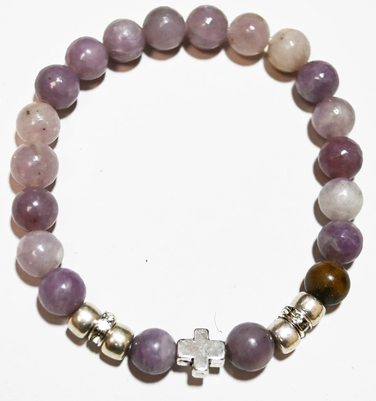 #7 Light lilac and grey stone beads with silver and rhinestone metal spacers