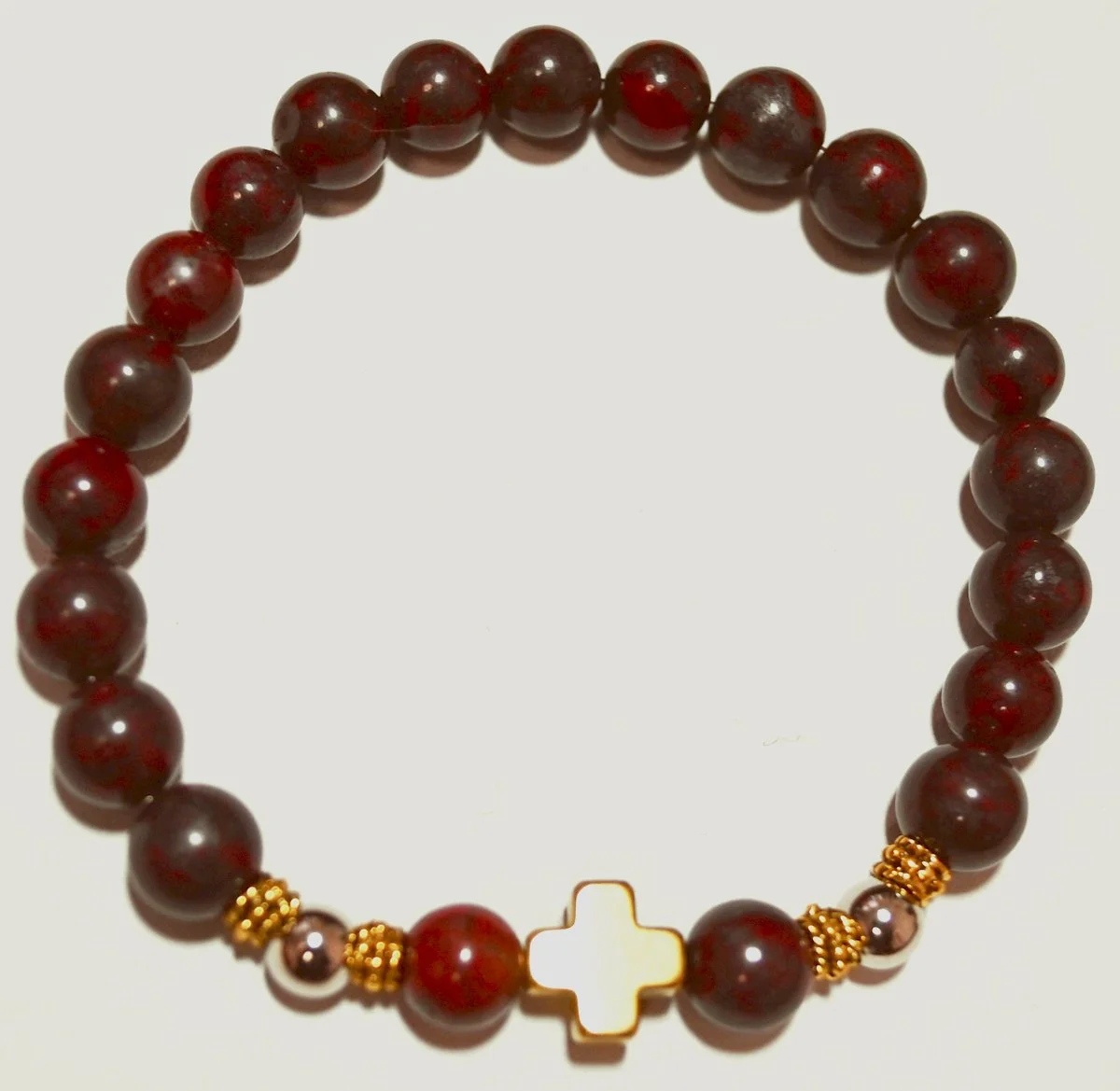 #18 Stone beads vary from reddish brown to dark brown enhanced with varying shades of  smaller glass beads and silver and/or gold metal spacers