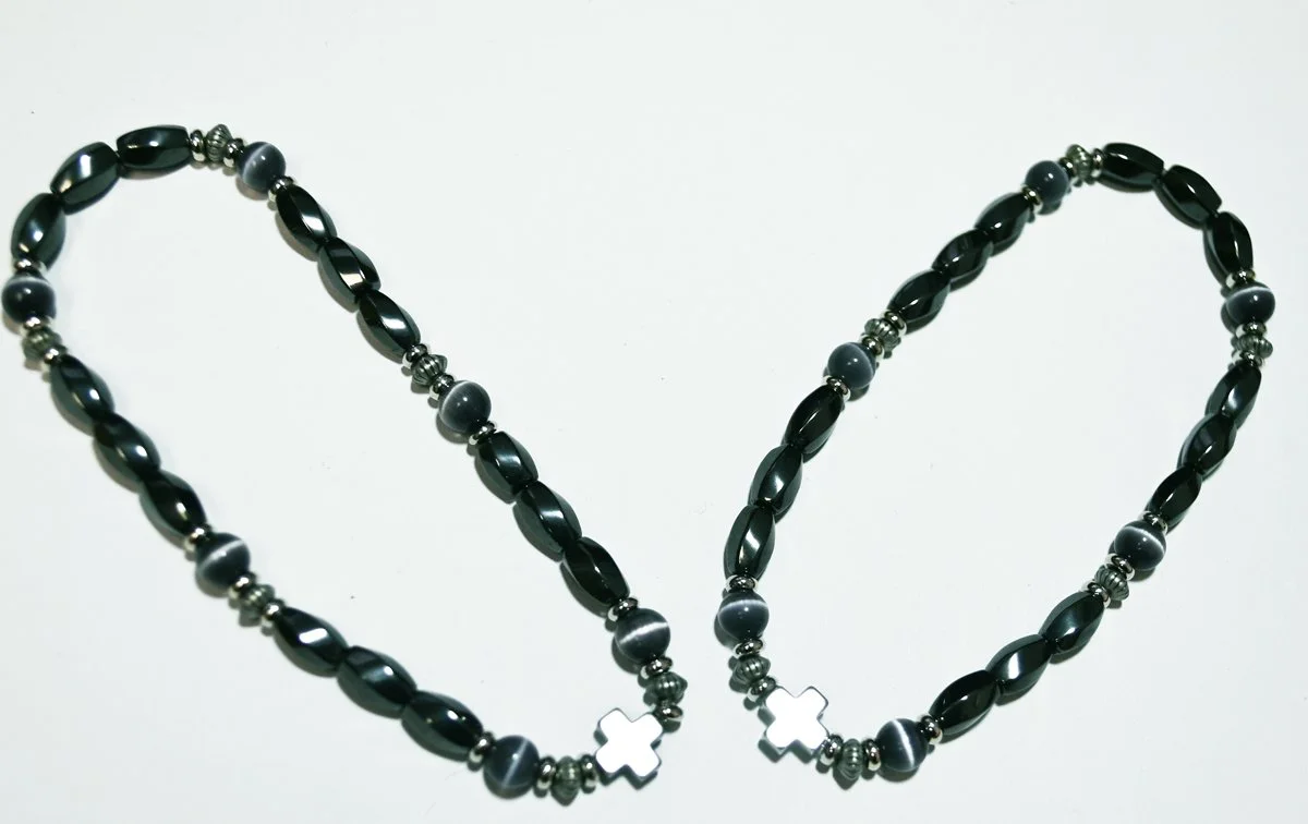 #19 Hematite beads with tiger striped dark grey glass beads