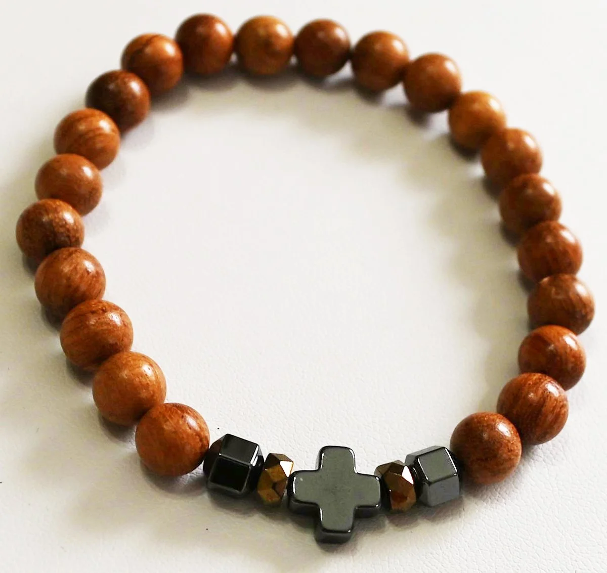 #11 Medium brown wood beads with gun metal grey beads and cross