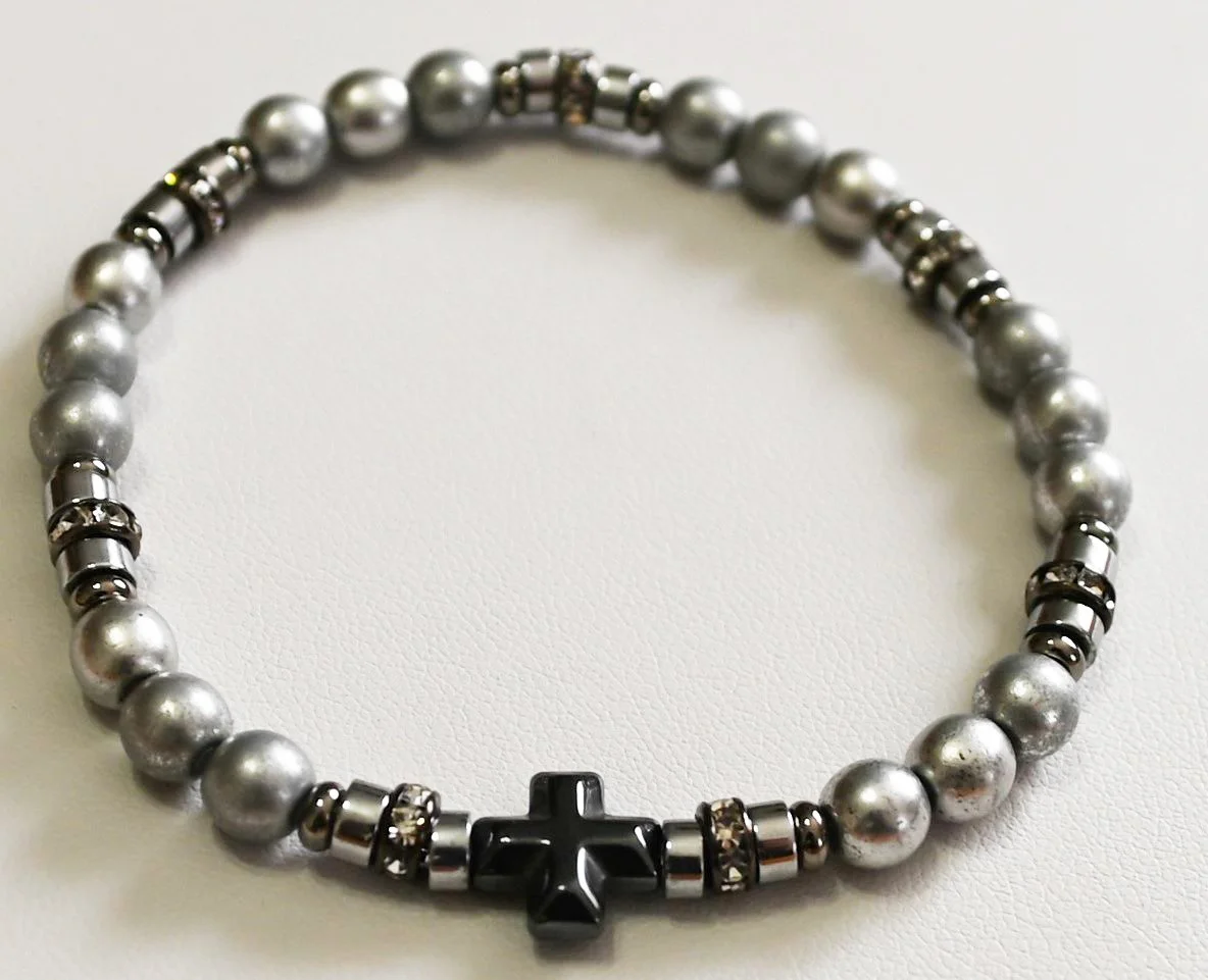 SOLD OUT #10 Silver metal beads with metal and rhinestone accents; gun metal grey cross