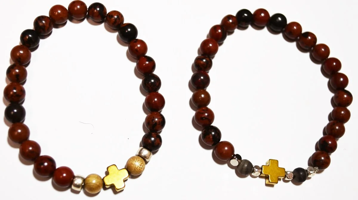 #20 Reddish brown stone beads with silver with varying colored glass accent beads and gold cross