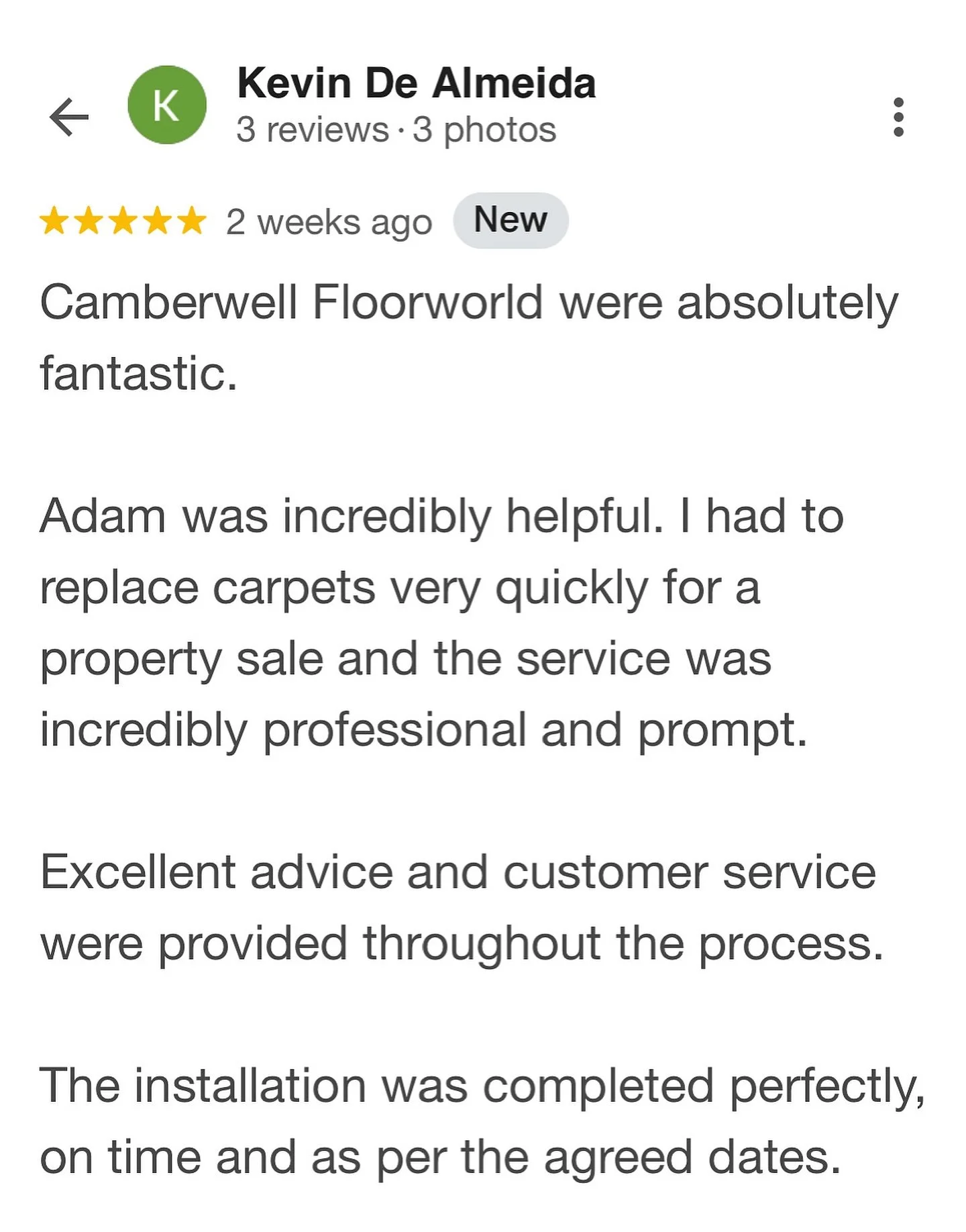 We&rsquo;re so grateful for kind words like these. 🙏
Helping Kevin with a quick carpet replacement before his property sale was our pleasure.
Thank you for trusting Camberwell Floorworld &ndash; we&rsquo;re proud to support our local community with 