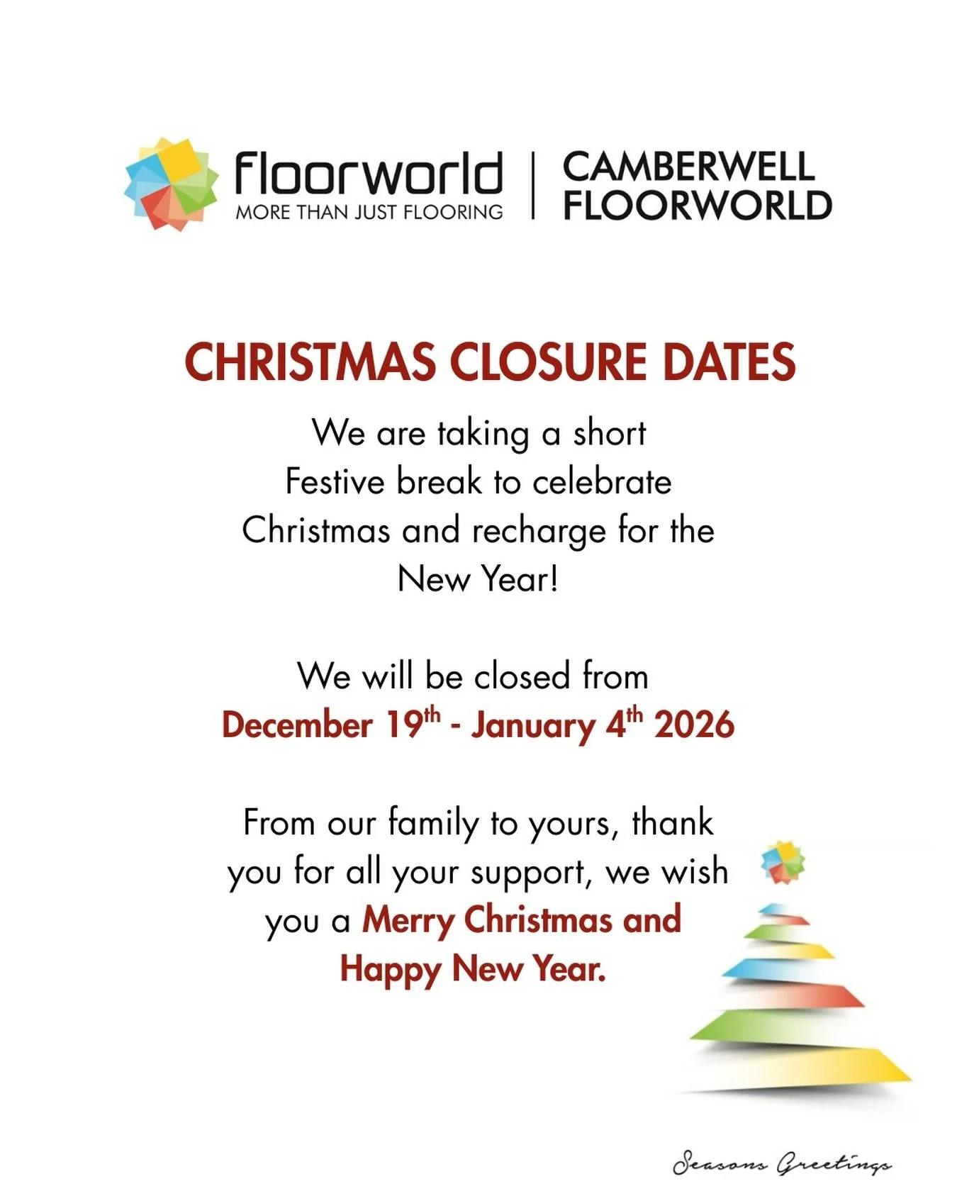 🎄 Christmas &amp; New Year Trading &ndash; Thank You for Your Support 🎄

As we wrap up another big year, the team at Camberwell Floorworld would like to say a heartfelt thank you to all our wonderful customers, builders, designers and local familie