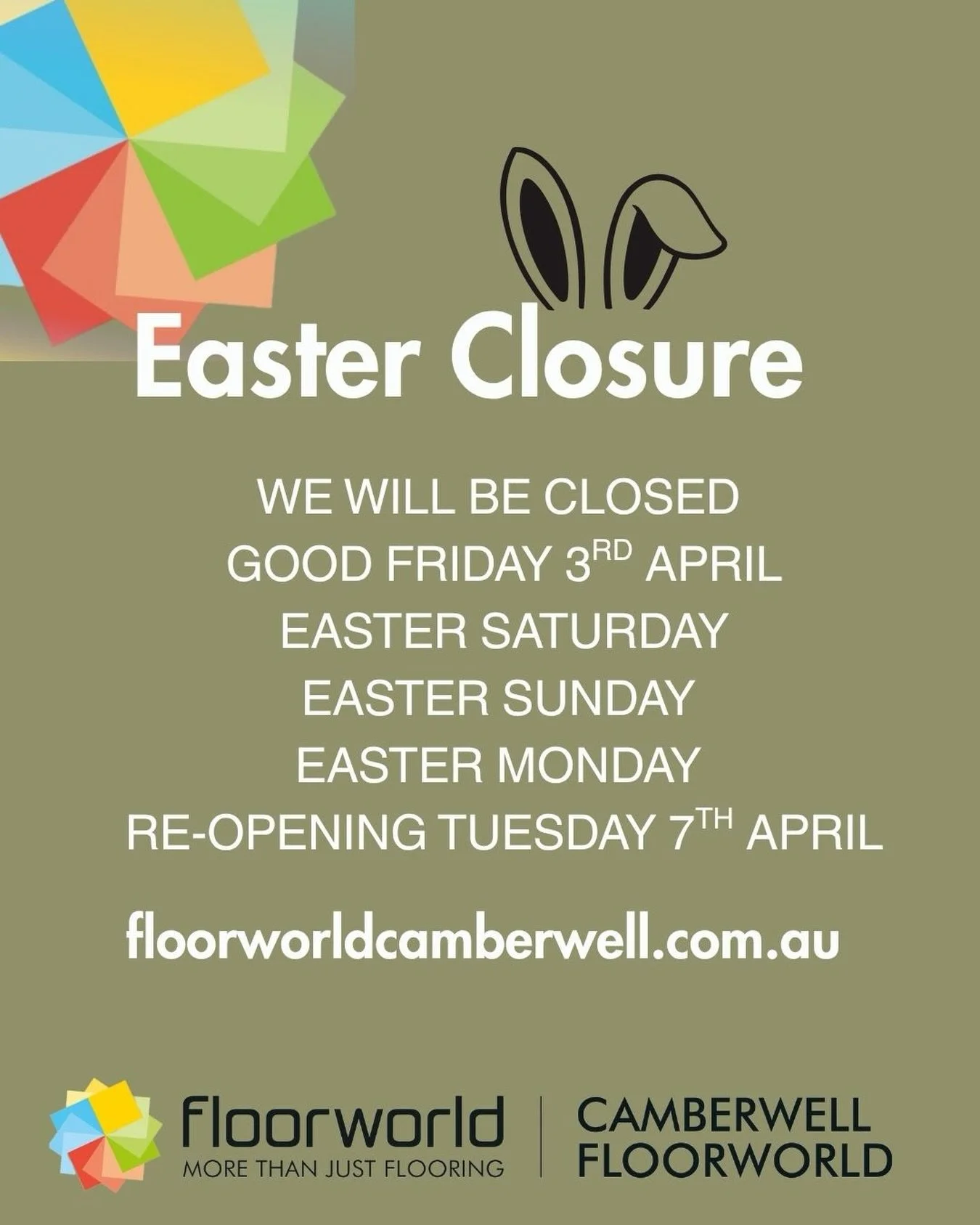 WE ARE CLOSED GOOD FRIDAY - EASTER MONDAY. From our family to yours have a restful and safe Easter break.  #flooring #carpet #camberwell #floorworld #tradinghours