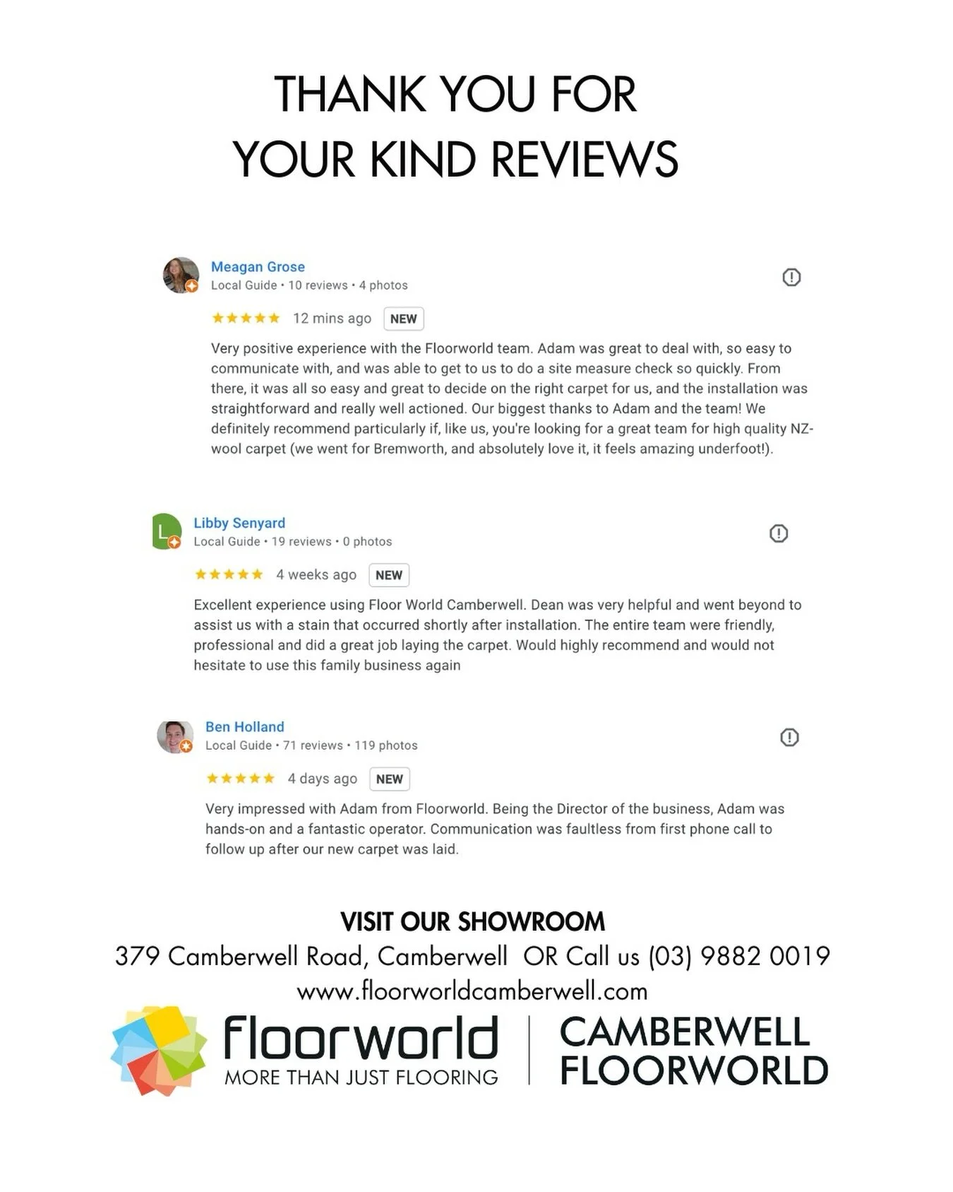 A heartfelt thank you for trusting the Camberwell Floorworld team with your homes and projects. Your kind words about our team never go unnoticed and are deeply appreciated.

Supporting local family business means more than you know &mdash; and we&rs