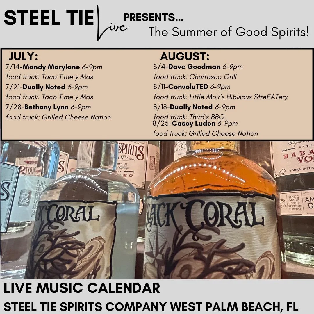 @steeltiespiritsco is bringing Live Music and Delicious Food Trucks by every Friday night! Make Steel Tie your Friday night spot. Live music is 6-9 PM. #drinklikealocal #livemusic #wpb