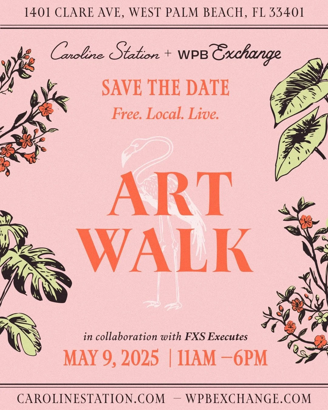 SAVE THE DATE 🦩🌿 
Art Walk @ Caroline Station + WPB Exchange
MAY 9TH | 11AM&ndash;6PM

Free. Local. Live.
A day built around community, creativity, and connection &mdash; with live music, curated vendors, and programming for all ages, set throughou
