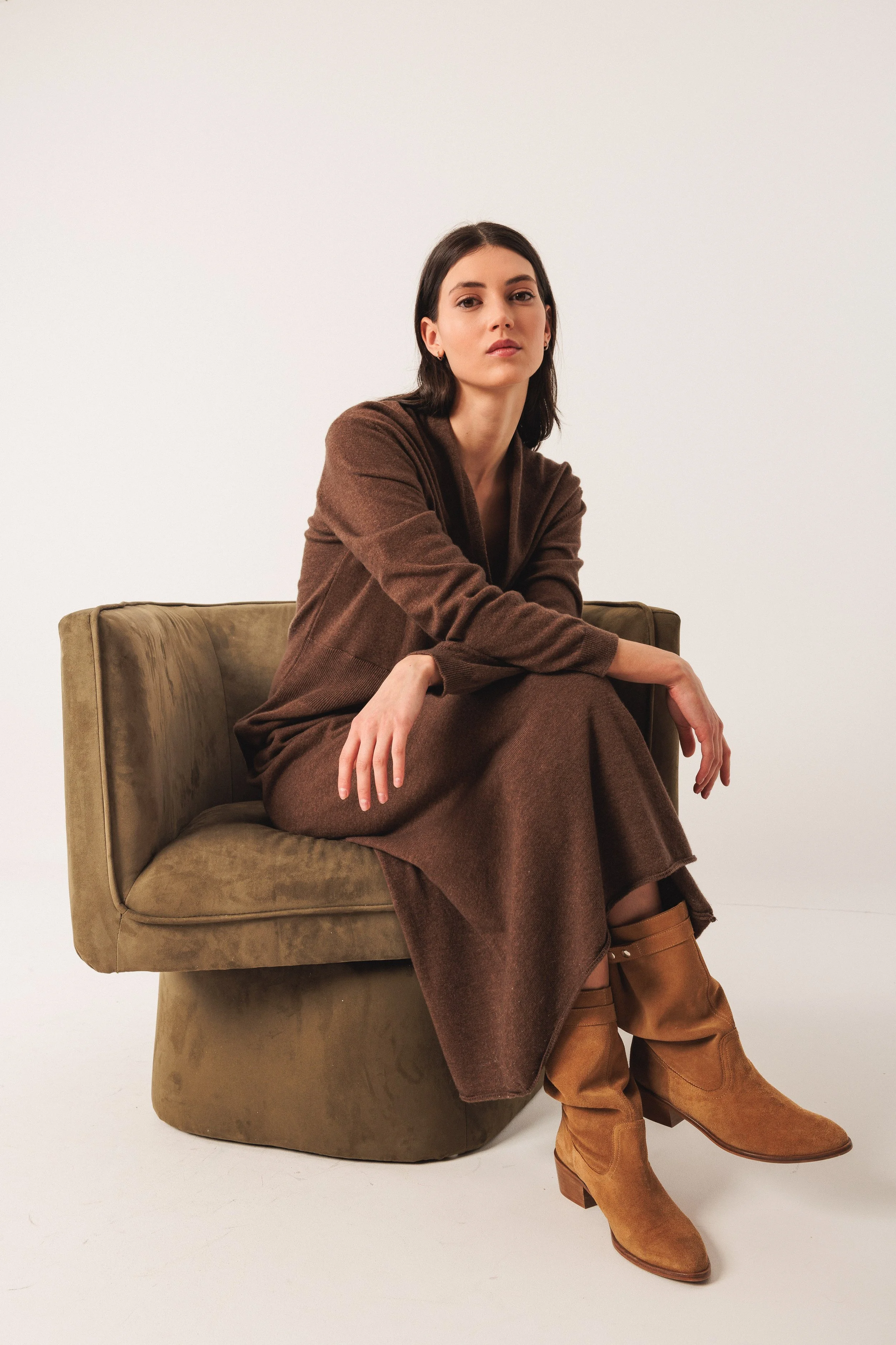 INDI AND COLD | MOCHA SHAWL COLLAR KNIT DRESS.