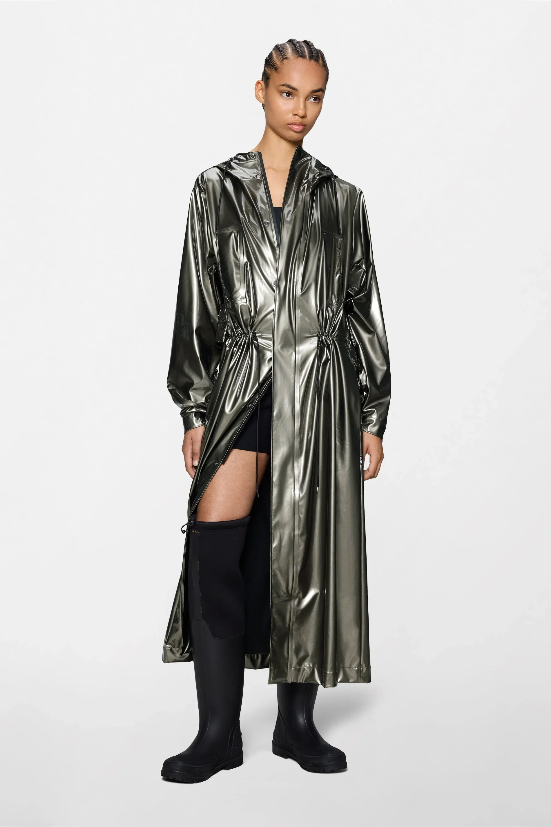 RAINS | METALLIC GUNMETAL LONG RAINCOAT.