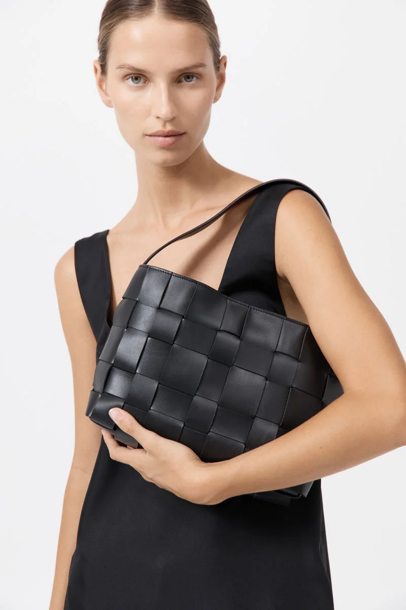 ST AGNI |  BLACK LEATHER WOVEN MINI TOTE?