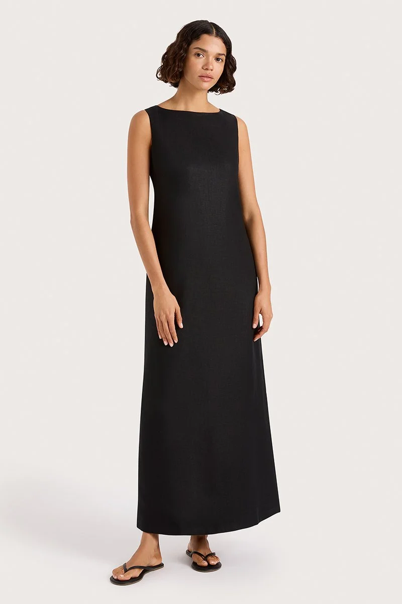 FAITHFUL | TAYLOR MIDI DRESS BLACK LINEN.
