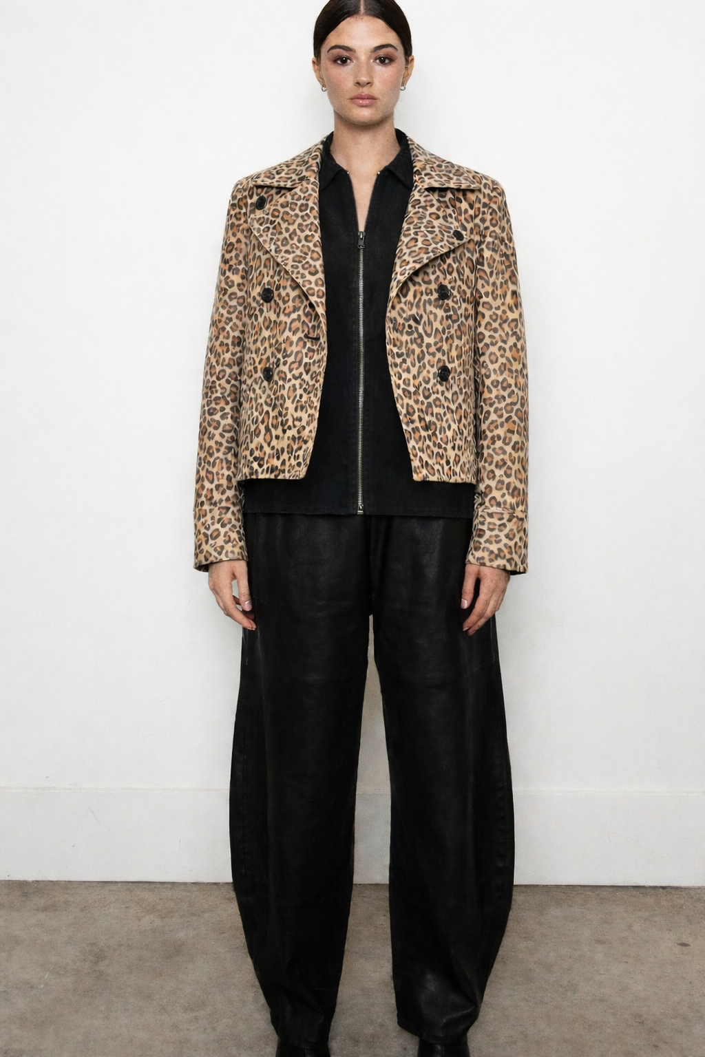 DEA | LEOPARD PRINT LEATHER JACKET WITH DETACHABLE BLACK SUEDE VEST. TWO PIECES IN ONE.