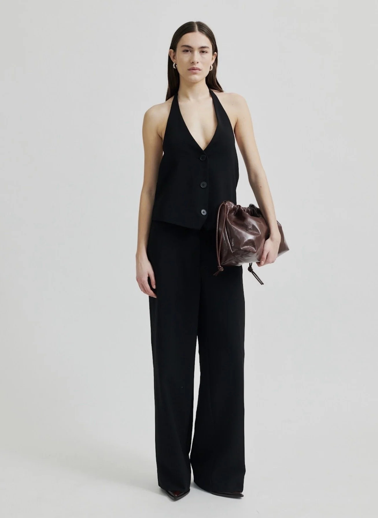 SECOND FEMALE | BLACK HALTER NECK TAILORED WAISTCOAT.