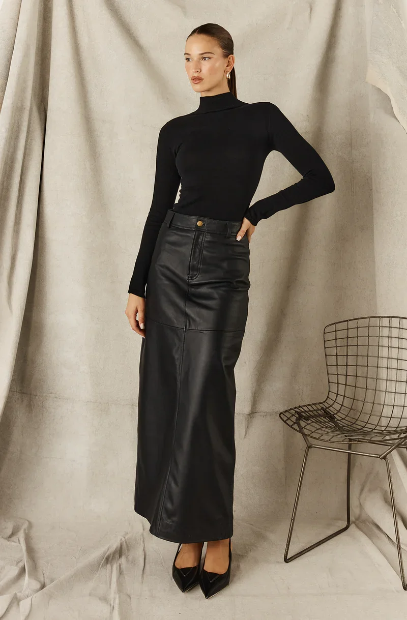 SOFIA IRENA | BLACK LEATHER MAXI SKIRT.