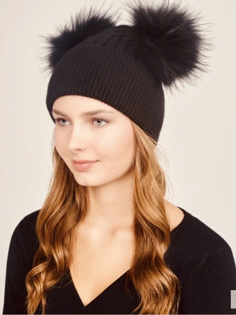 BLACK CASHMERE  BEANIE WITH DOUBLE RACCOON POM-POM.