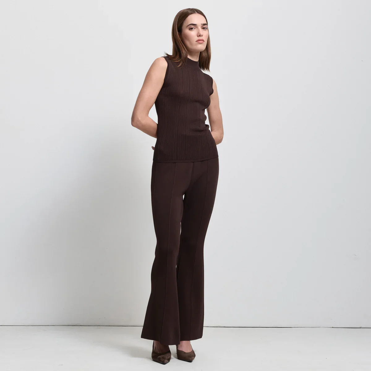 RAW BY RAW | CHOCOLATE SLEEVELESS FUNNEL NECK KNIT.