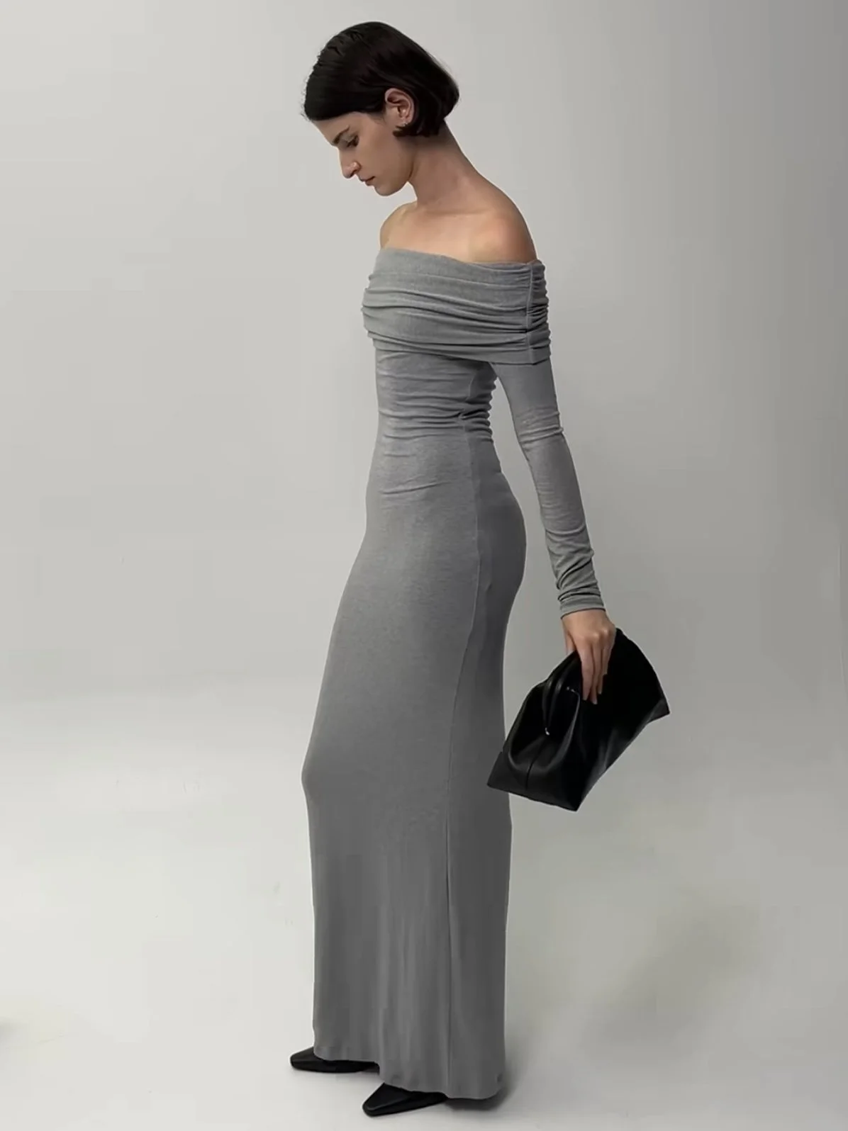 ELKA COLLECTIVE | GREY MARLE OFF THE SHOULDER MAXI DRESS.
