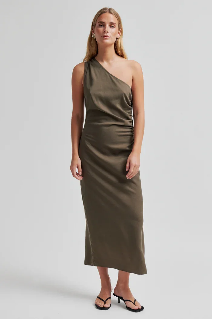 SECOND FEMALE | KHAKI ONE SHOULDER DRESS.