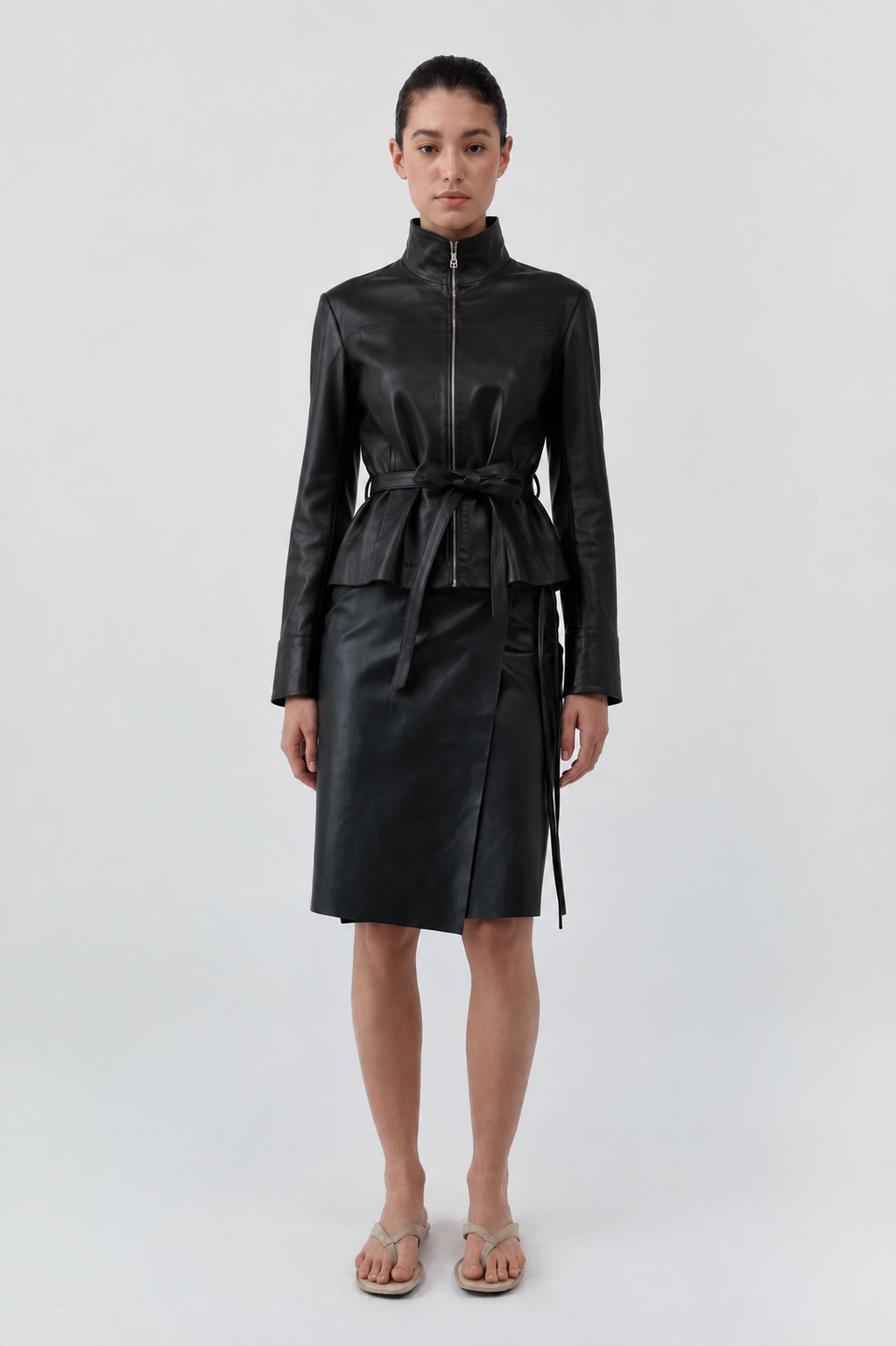 DEA | BLACK FUNNEL NECK LEATHER JACKET WITH TIE.