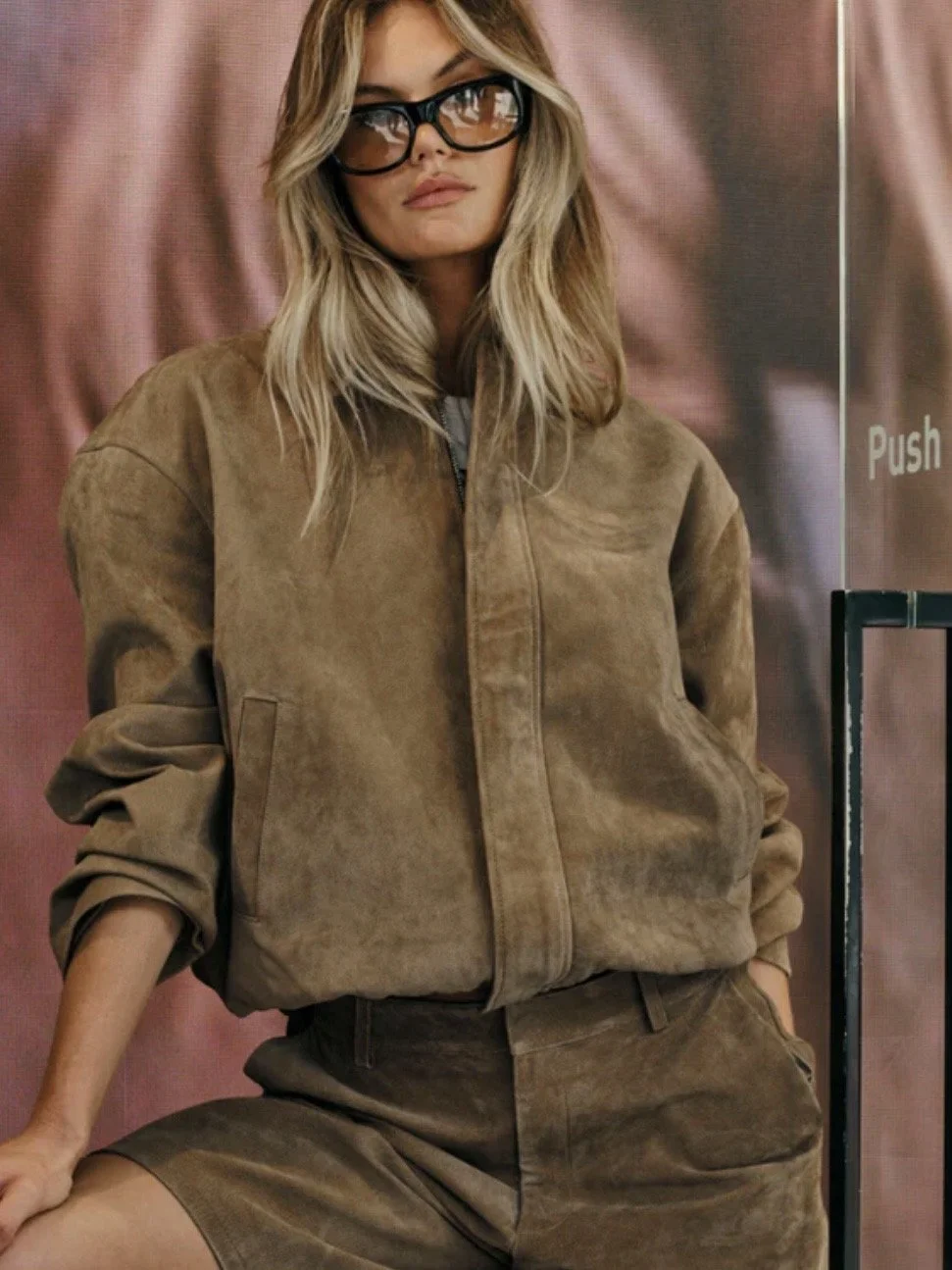 ENA PELLY | TOFFEE SUEDE BOMBER JACKET.