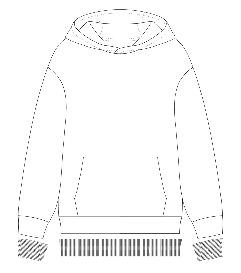 Line drawing of a hoodie with a front pocket, ribbed cuffs, and a hood with an inner lining.