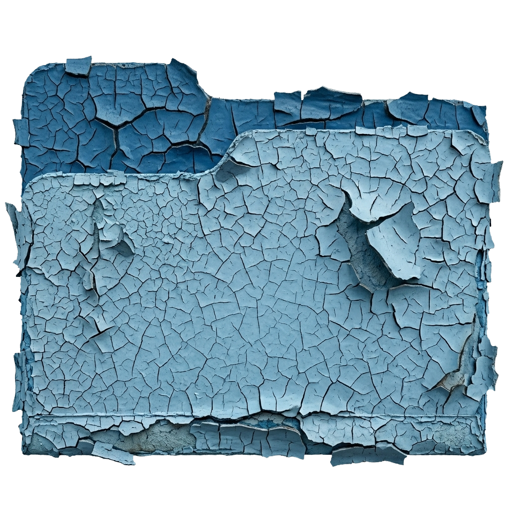 Close-up of cracked blue paint peeling off a surface.