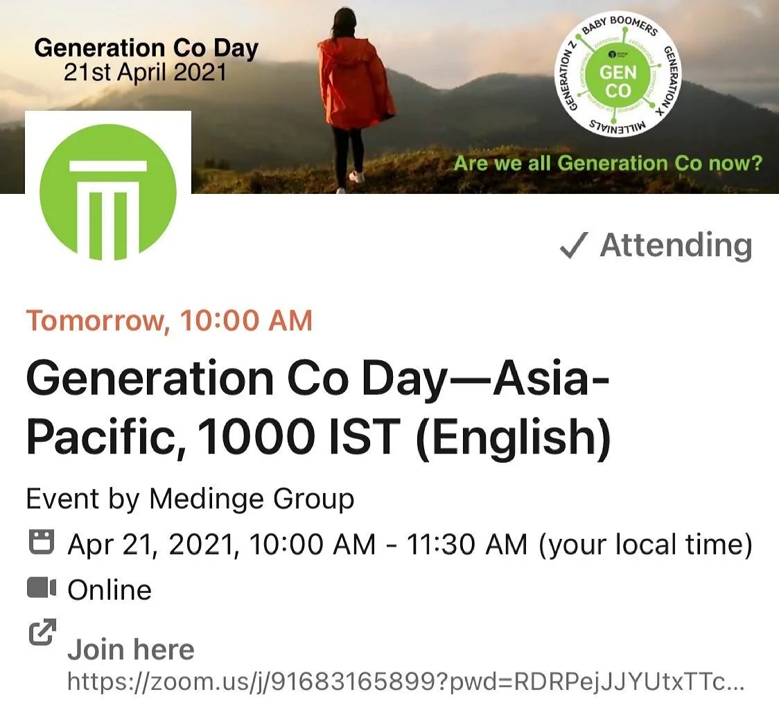 GENERATION CO WAVE, APRIL 21, 2021

Let&rsquo;s have a global wave!

Join us on Gen Co Day at our global wave of dialogues on April 21, 2021 to discuss if we are all Generation Co now.

To participate, register through Linkedin
https://lnkd.in/gffuCe