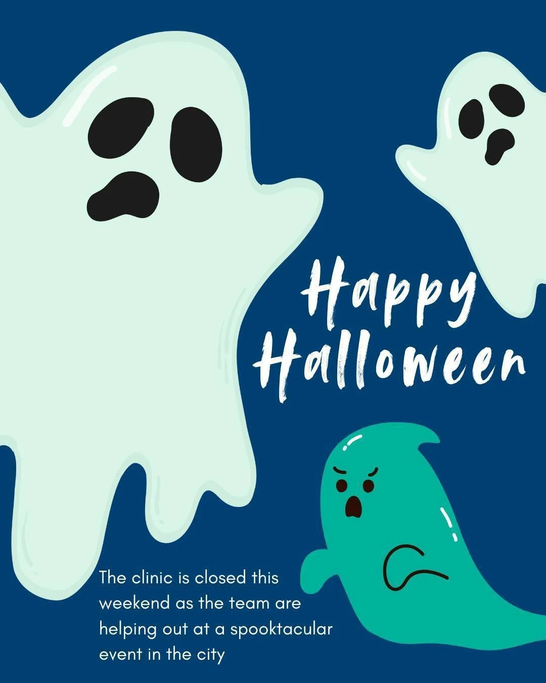 Happy Haloween

Please note the clinic is closed this weekend as the team are helping out at a spooktacular event in the city 👻

We will reopen on Monday 3rd November.  Appointments can be booked online via our online booking system