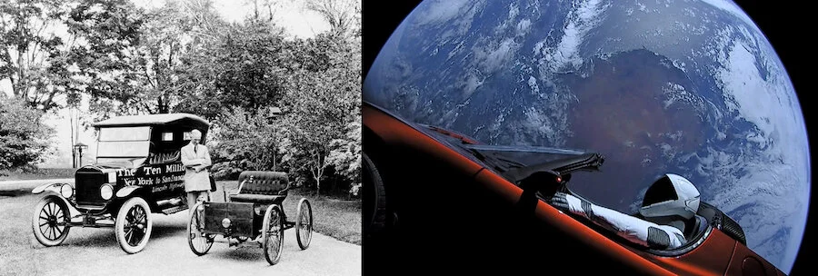 A gauche: Henry Ford avec la ford T et le Quadricycle de 1896, image vraisemblablement vers 1905.(DR) Ford Motor CompanyA droite:&nbsp; Spaceman dans la roadster Tesla, Image (DR)