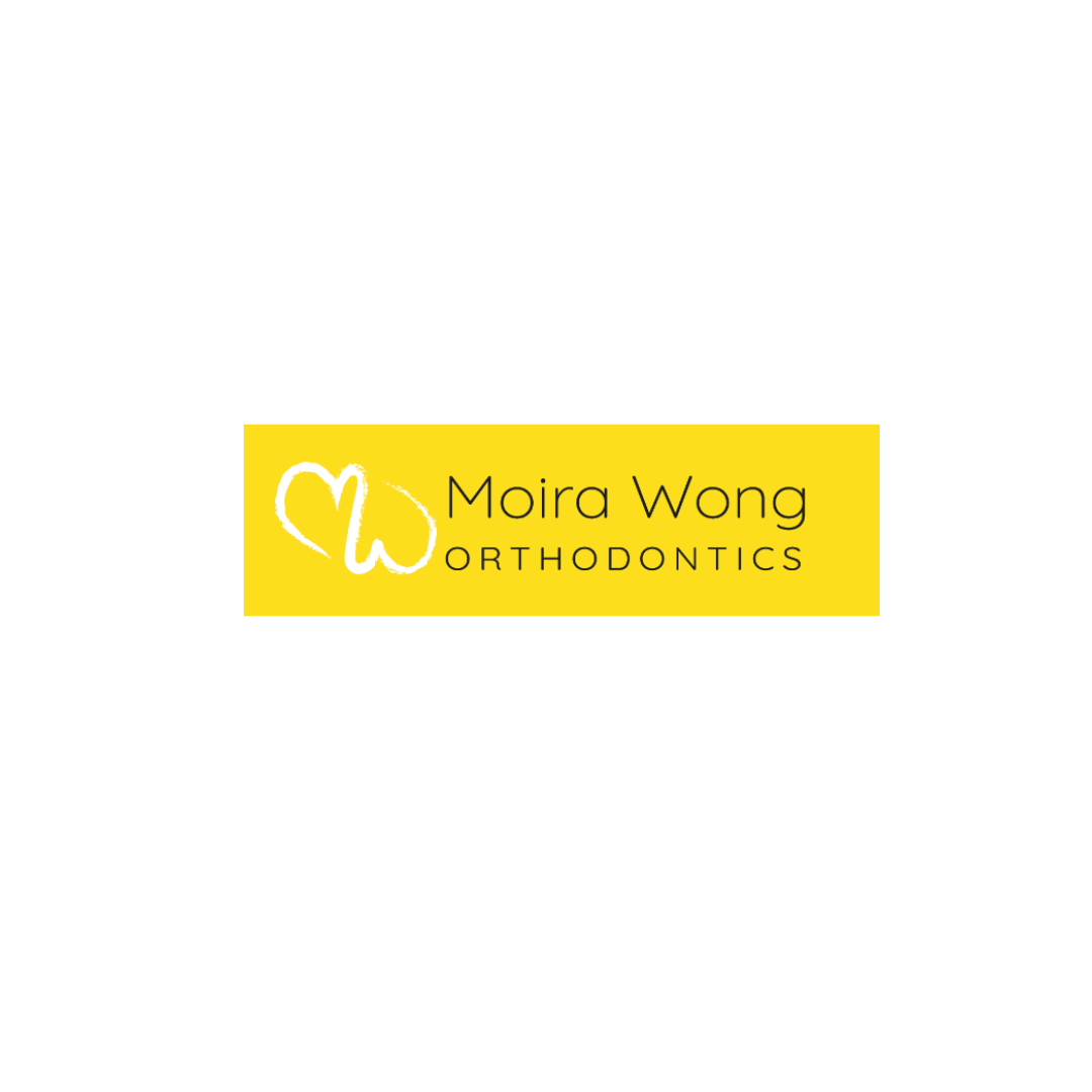 Business card for Moira Wong Orthodontics with a yellow background, a white and yellow heart logo, and black text.